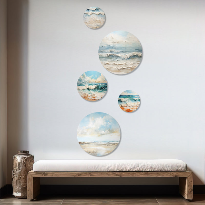 Beige et bleu plage, horizon minimaliste - plage côtière, plage, ensemble d'art mural rond de 5