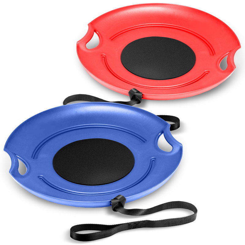 Soucoupe à neige d'hiver robuste 29 po avec siège rembourré et sangle de traction à la main Gosports - paquet de 2, rouge et bleu