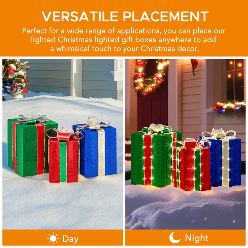 Festive 3-Piece Lighted Christmas Gift Box Set for Indoor/Outdoor