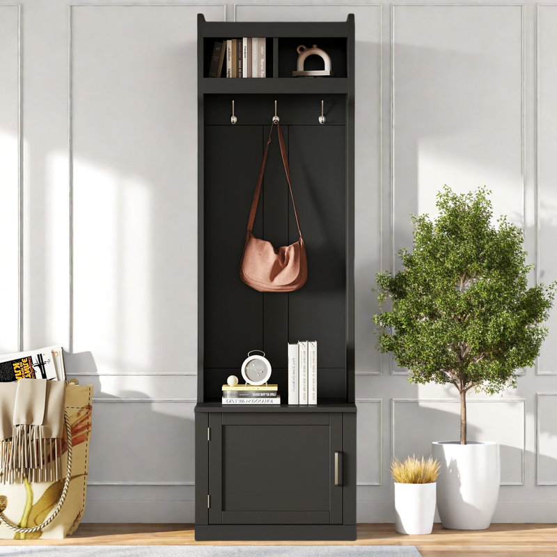 78.7"H Hall Tree with Bench and Storage Cabinet, Black