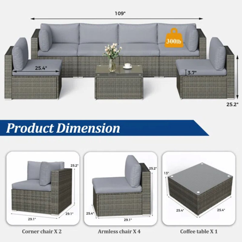 Wicker 6 - Person Modular Patio Conversation Sets with Cushions, Gray Frame/Gray Cushion
