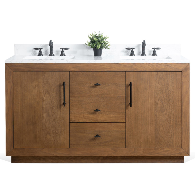 Ensemble de meuble-lavabo autoportant 60 po avec plateau en marbre d'ingénierie Avignon, Blanc Arabescato, Blé clair, 60"