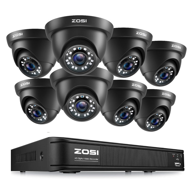 Système de caméra de sécurité 8ch 2Mp Dvr, 8 appareils-photo de dôme extérieurs câblés, vision nocturne de 80 pieds, détection humaine