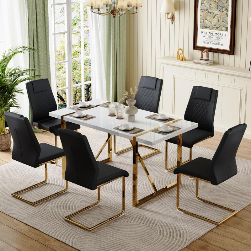 Minday Double Pedestal Dining Set, Gold, Black/Gold, 7