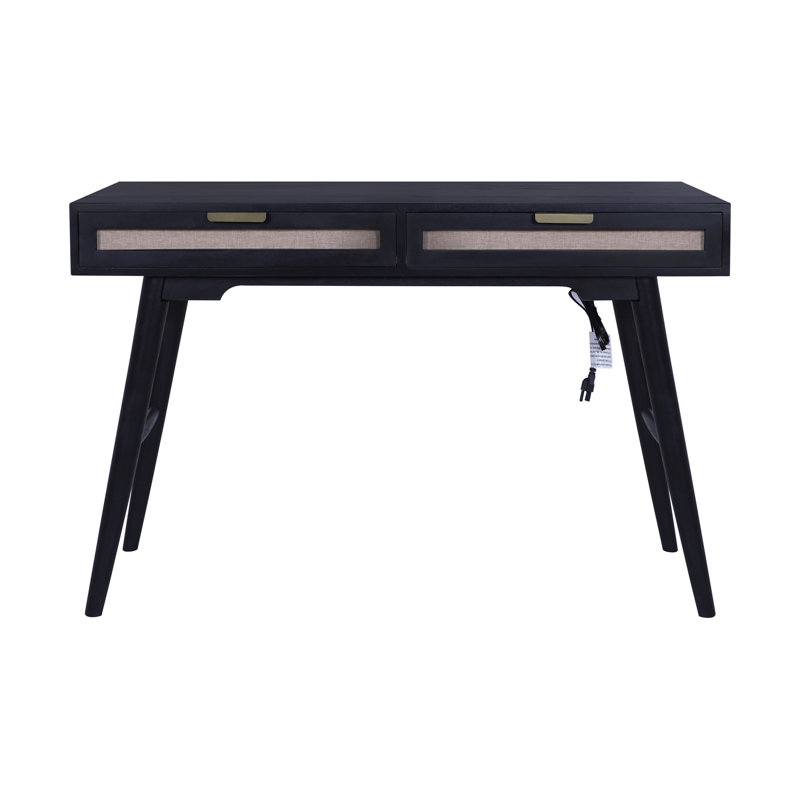 Mid-Century Modern 45" Solid Wood Home Office Writing Desk with Linen-Inset Storage Drawers,  Black, Black
