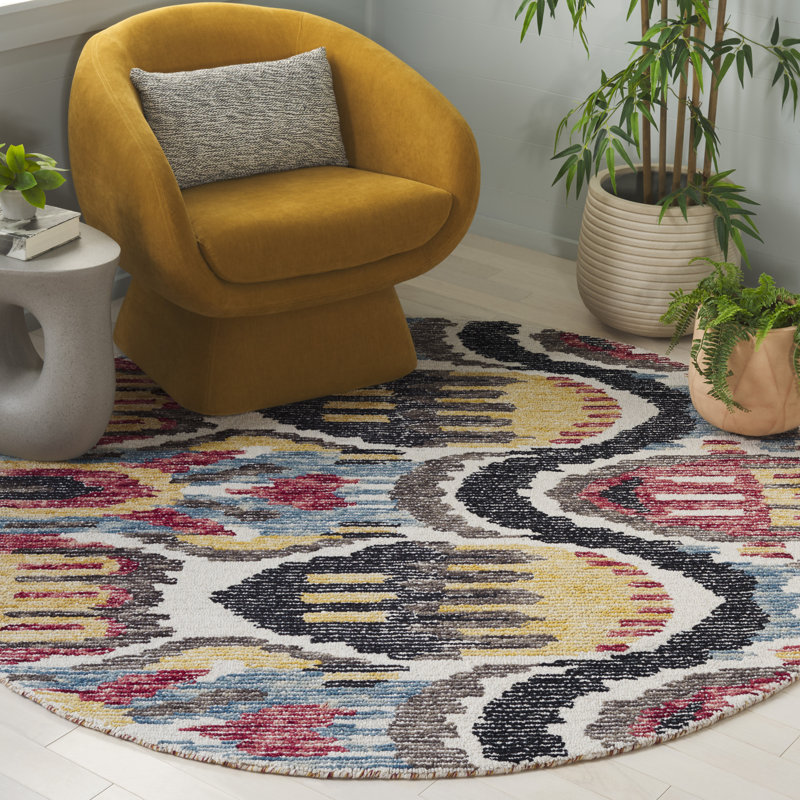Ikat 152 Hand Tufted Wool/Cotton Ikat Rug in Black/Red, Round 6'