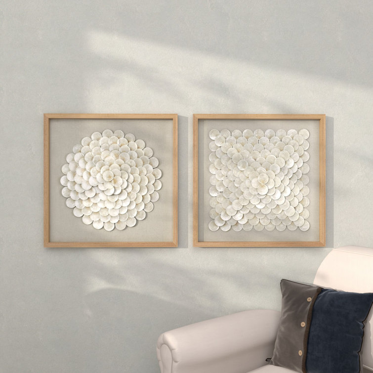 2 Piece Cream Shell Handmade Overlapping Shells Geometric Shadow Box with Canvas Backing Set