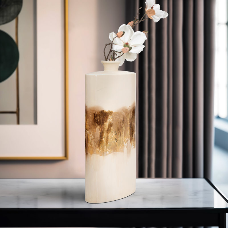 Neutral Glam Metal Pearl and Gold Two Tone Cylinder Flask Vase, 15" H x 8" W x 4" D
