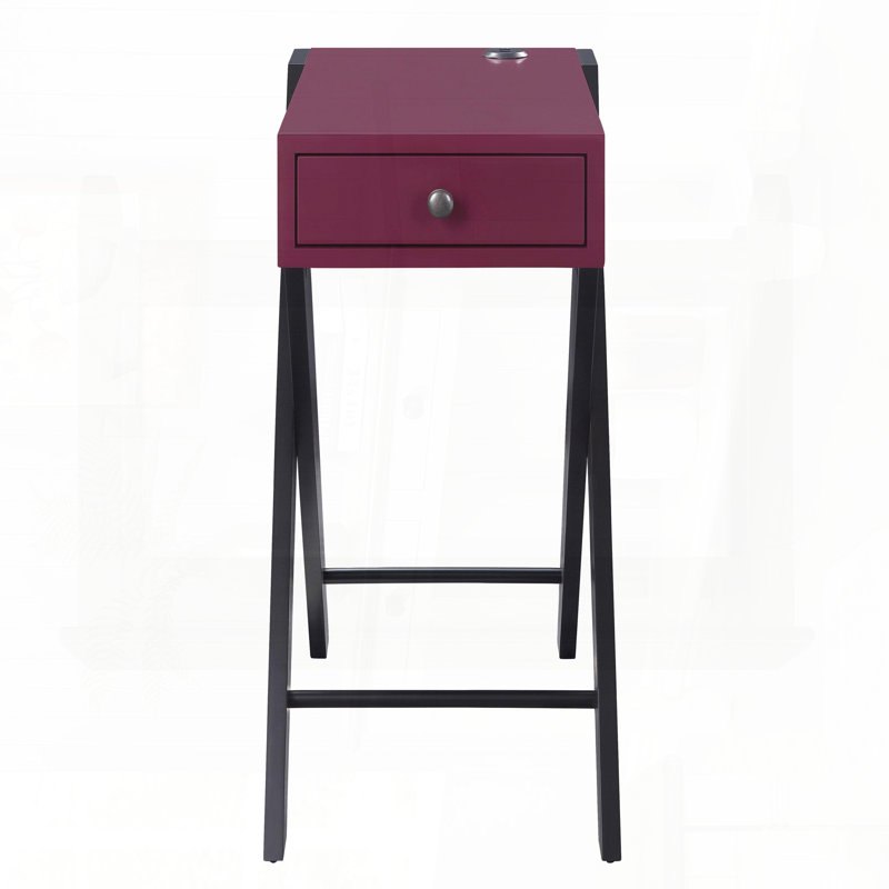 Table d'appoint bourgogne et noire avec ports USB et pieds en X en bois, Rouge