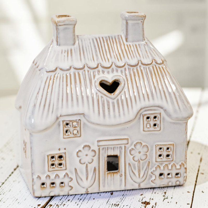 Natural Ceramic Thatch Roof House for Tealight 16cm x 10cm 16cm