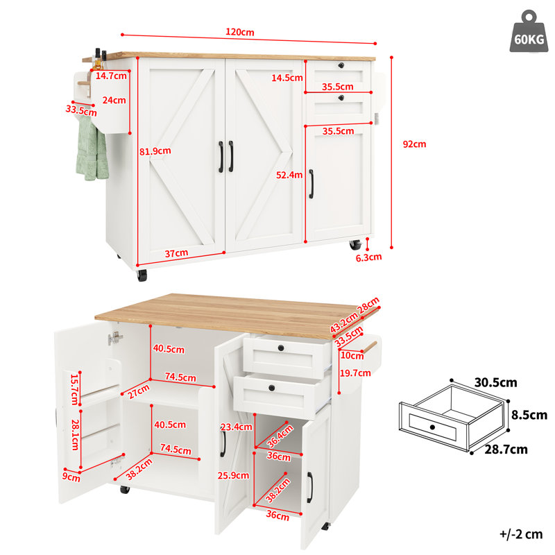 Kitchen Island With 3 Doors And 2 Drawers, White
