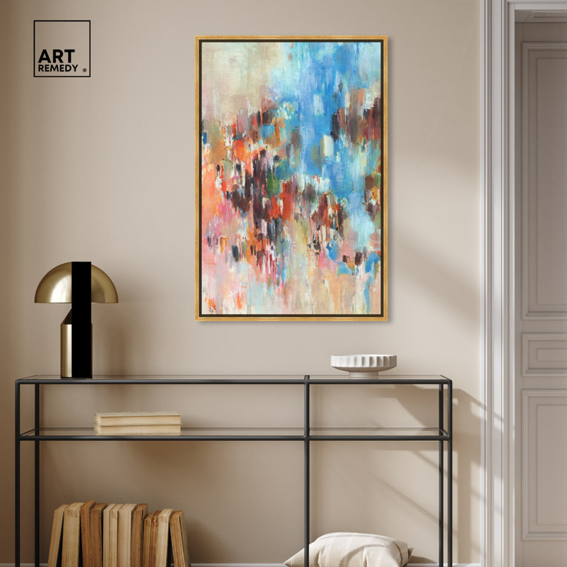 Large Gold Framed Blue and Multicolor Abstract Canvas Art