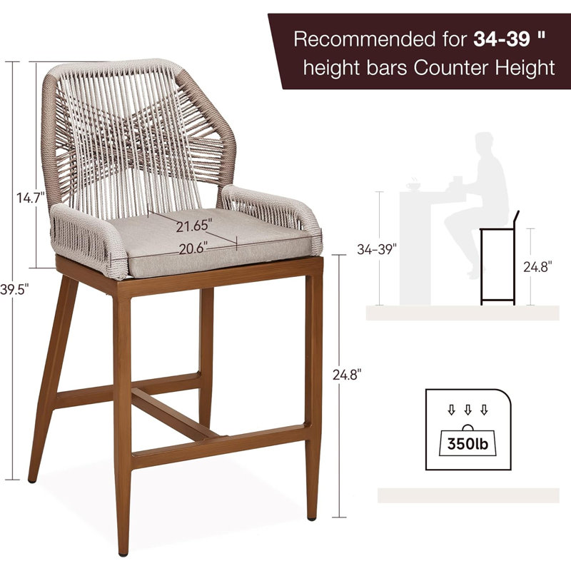 Gray and Brown Rope Woven Outdoor Bar Stools with Cushions