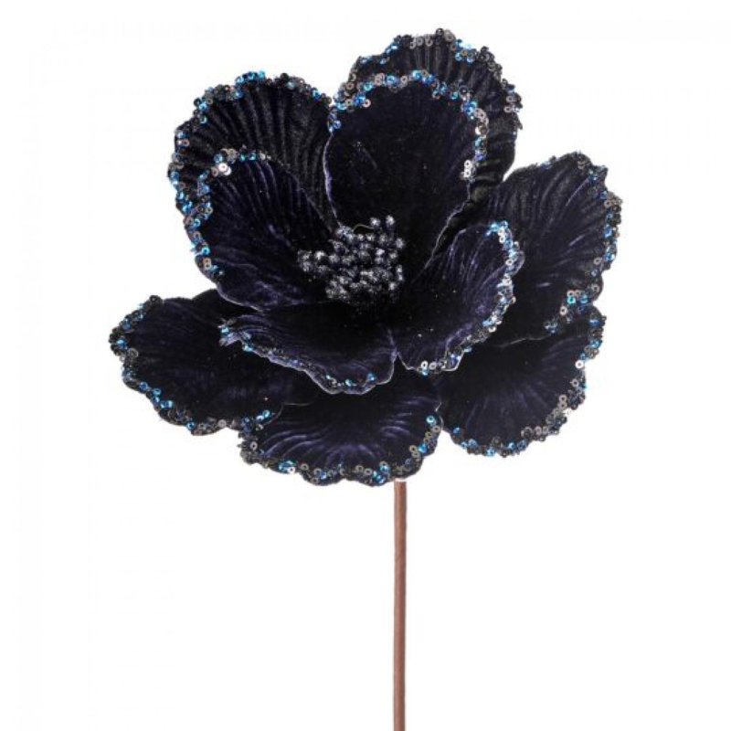 Velours avec tige artificielle fleur de magnolia, Bleu minuit