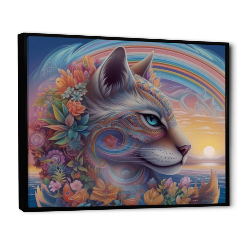 Chat arc-en-ciel magique avec fleurs sur toile, H 30 po x l 40 po x P 1,5 po, Cadre flottant noir