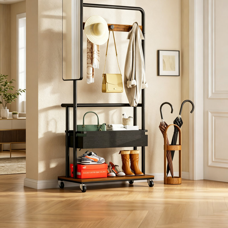 Porte-manteau roulant industriel de 170 cm de hauteur avec miroir et panier de rangement, organisateur d'entrée autoportant