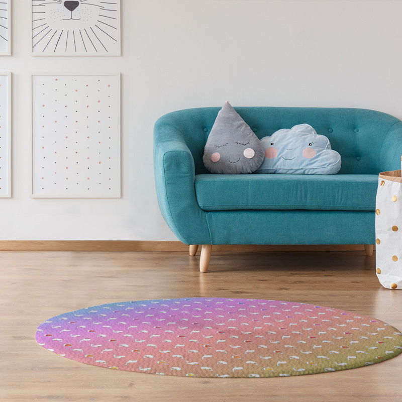 Tapis saumon/rose/bleu baleines, Rond 5 pi