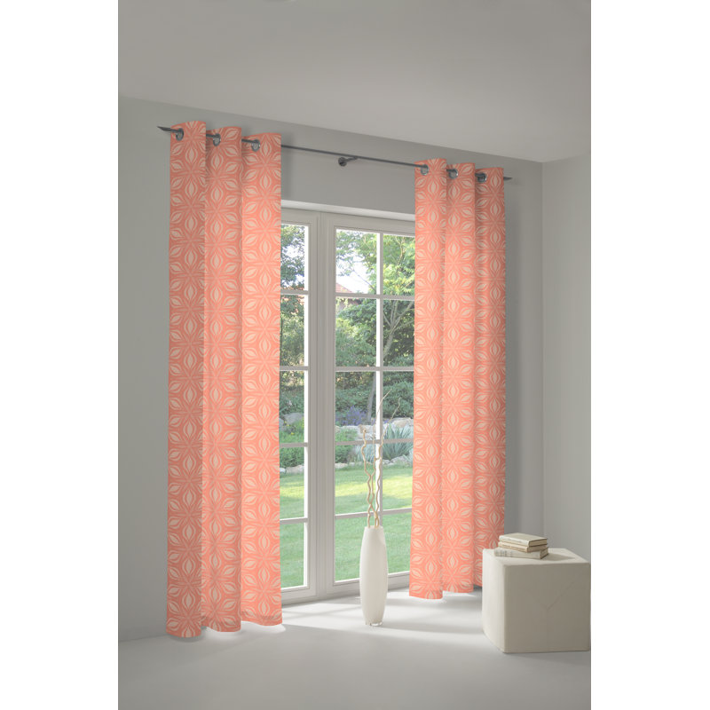 Dellview Retro Floret Eyelet Opaque Curtains, Peach Puff/Floral White, 145 W x 145 D cm