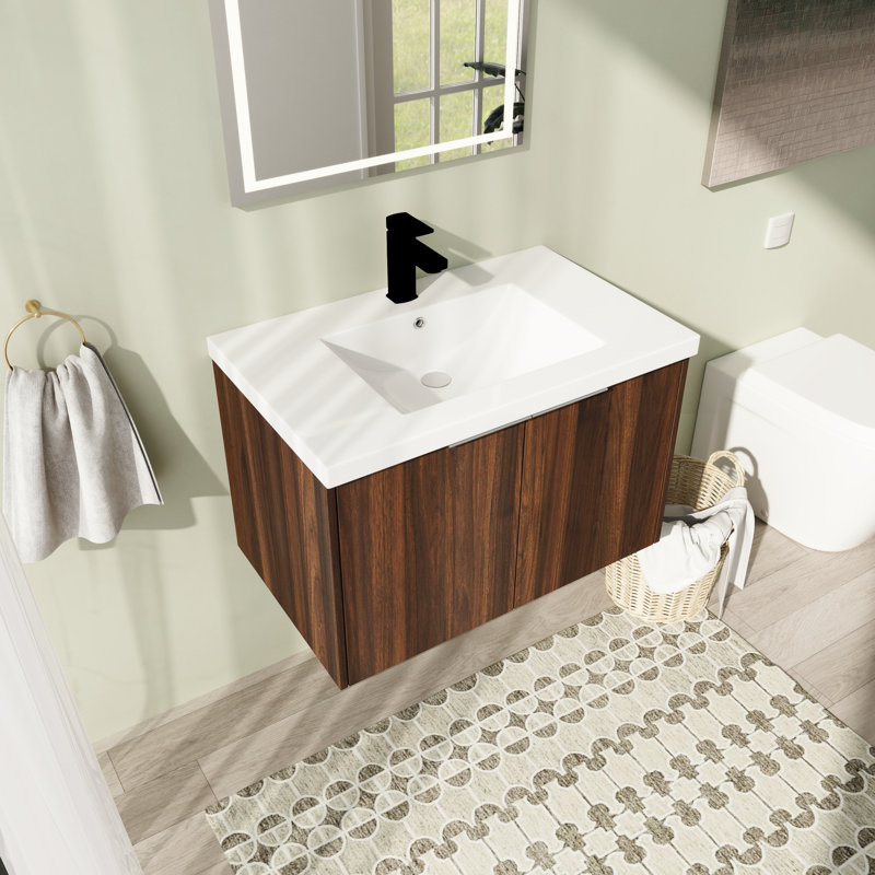Meuble-lavabo mural simple 30 po avec plateau en résine, Brun