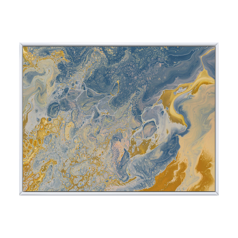 Vagues de marbre brunes et bleues - Peinture sur toile, H 34 po x l 44 po x P 1,5 po, Cadre flottant blanc