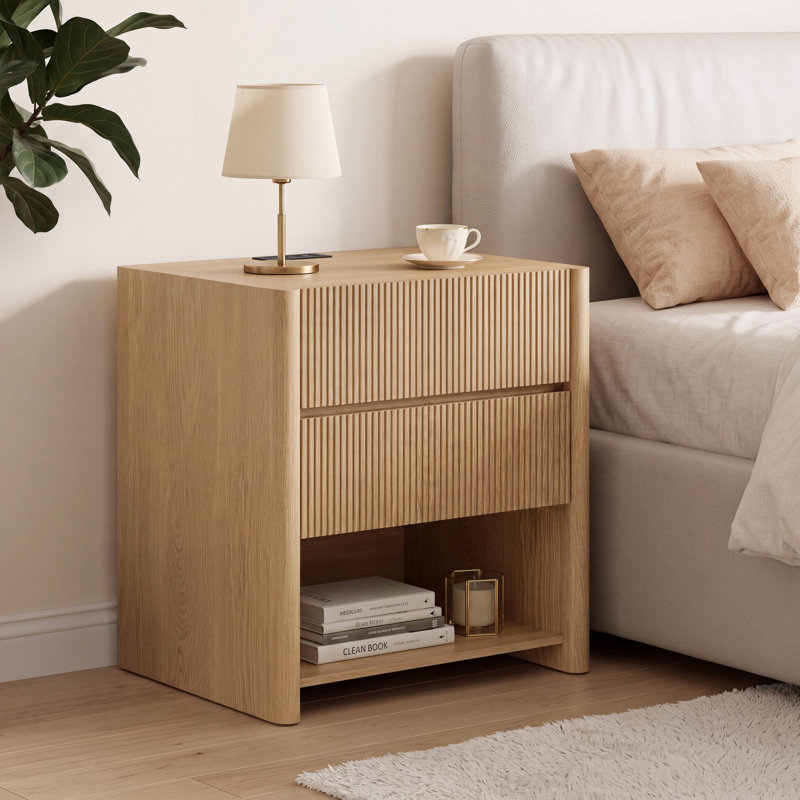 Ensemble de 2 tables de chevet Waveform Panels, comprenant 2 tiroirs, une tablette ouverte et une station de recharge., Brown