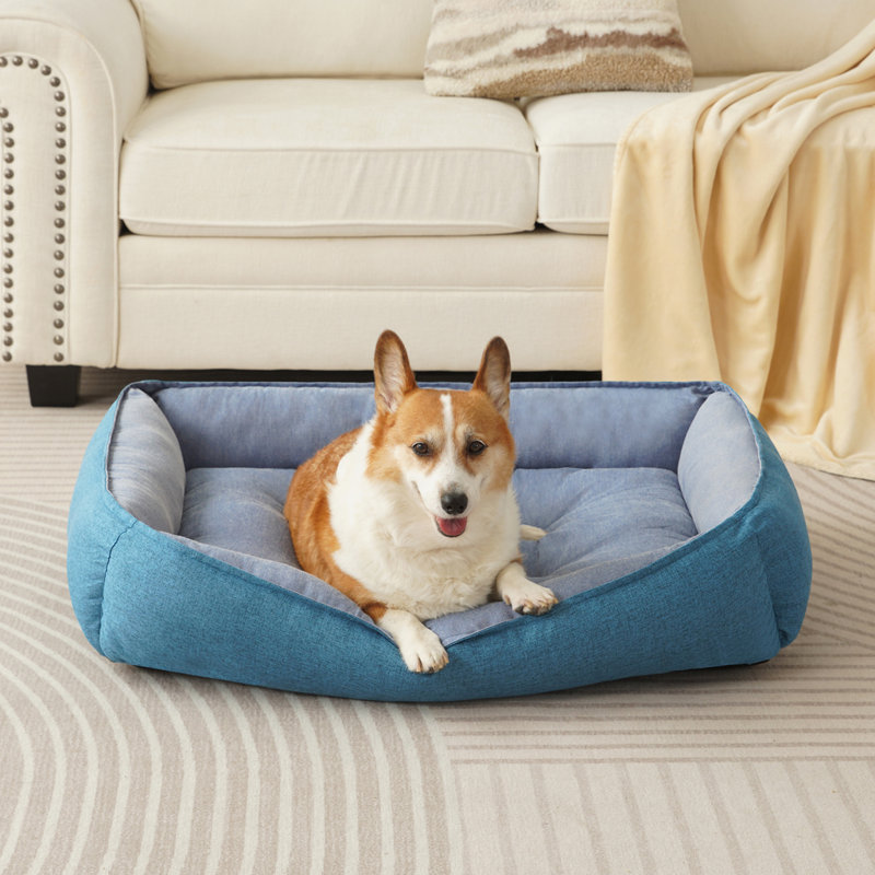 Large Blue Linen Rectangle Pet Bed with Bolster Cushion