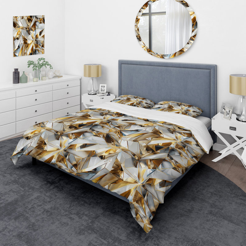 Ensemble de housse de couette en marbre doré et blanc Opule II, Housse de couette pour grand lit et 2 taies décor