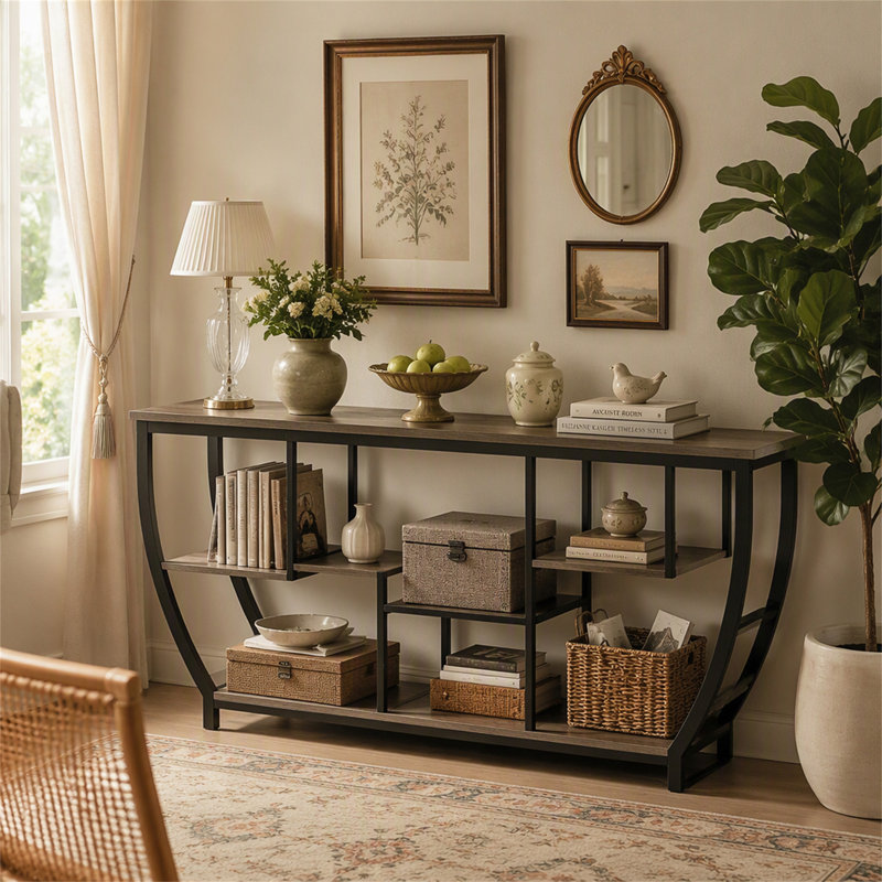 Console industrielle, table d'entrée de 70,9 pouces avec étagères, Gris
