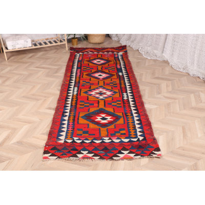 Authentic Vintage Turkish Kilim Runner Rug in Red with Unique Geometric and Stripe Design
