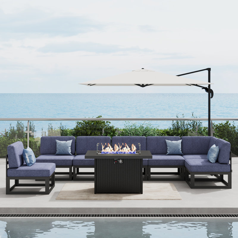  8 Pieces Modern Aluminum Patio Furniture Set With Fire Table, Outdoor Modular Sectional Conversation Set L-shaped Sofa For Backyard