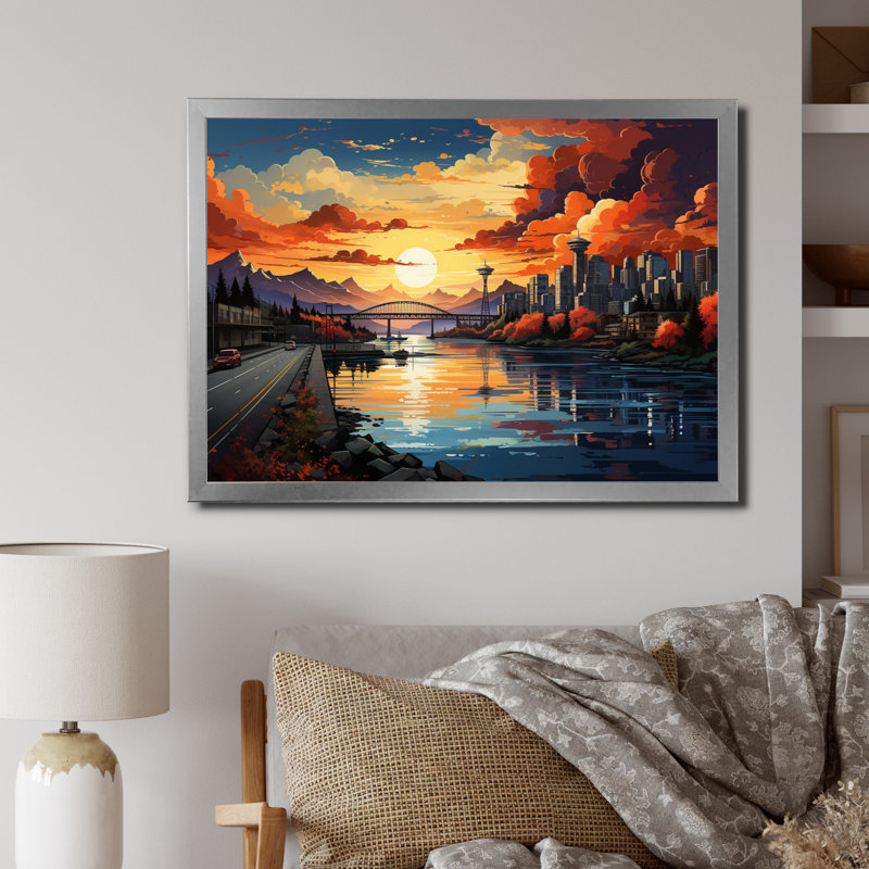 City Vancouver Sunset Popart, reproduction d'art sur toile, H 16 po x l 32 po x P 1 po, Cadre simple argenté