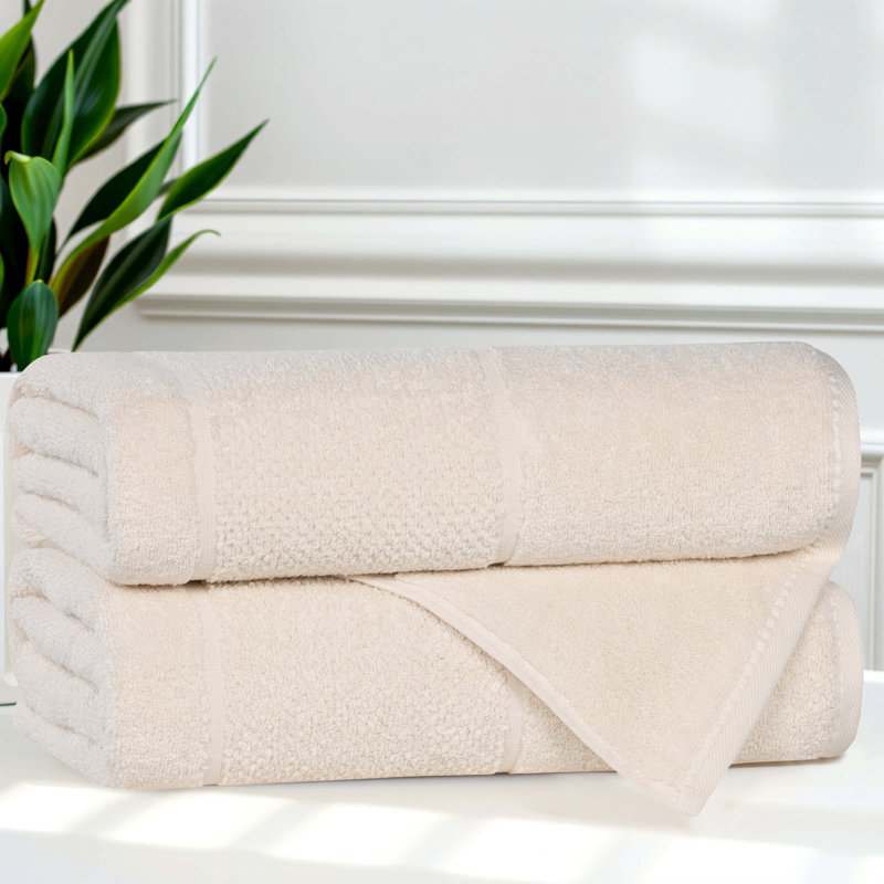 Mile Smart Twist Viscose Cotton Blend Medium Weight Solid Thick Border Towel Set, Ivory, Bath Towel - 2 Pack