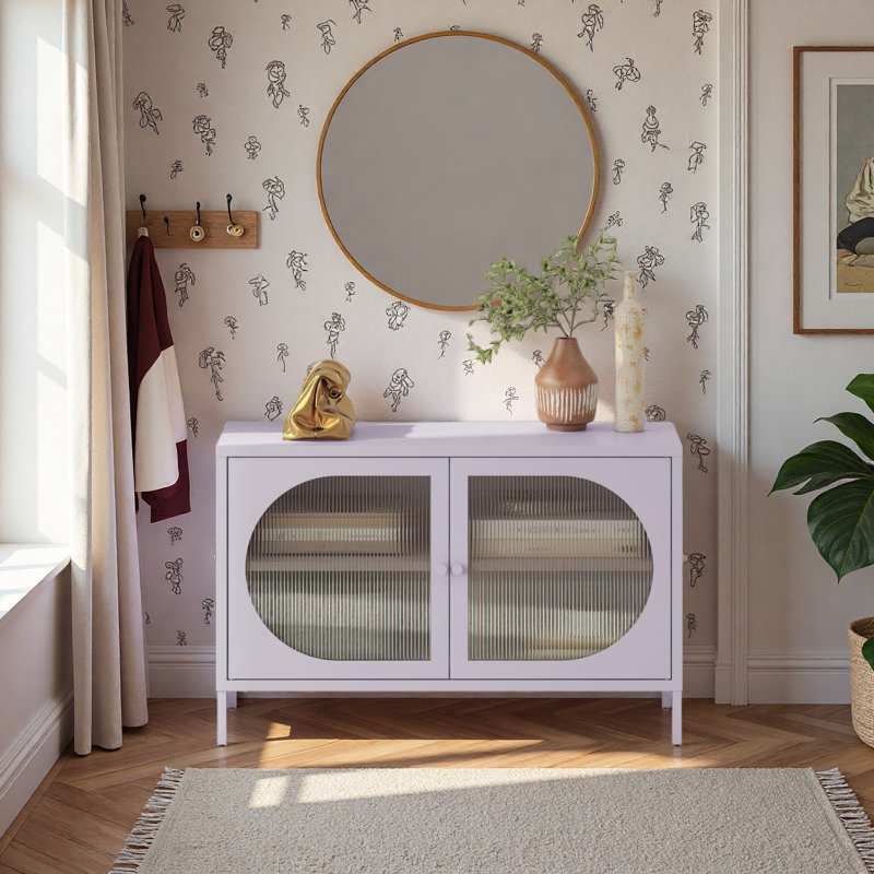 Large armoire d'appoint 2 portes avec verre cannelé, Lilas