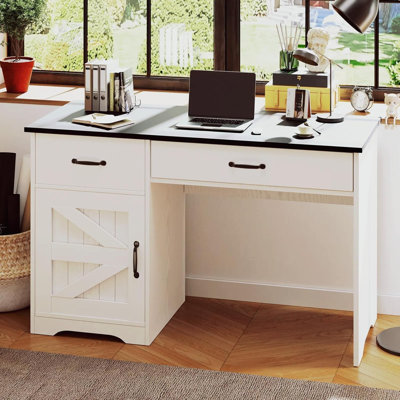 Farmhouse Computer Desk whit 2 Drawers & Cabinet - for Small Spaces/Bedroom