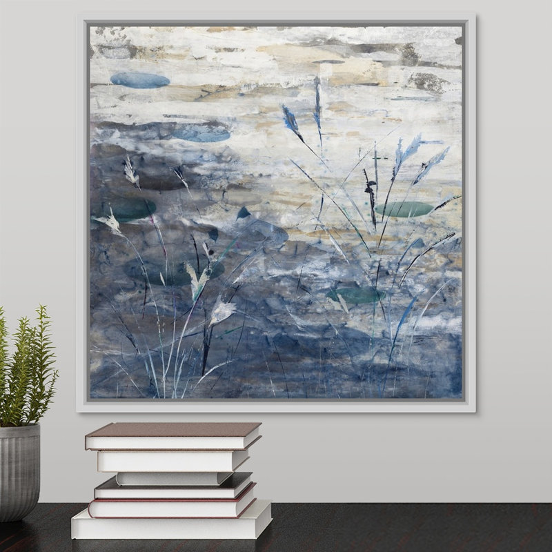«Pond», peinture sur toile, H 17,7 po x l 17,7 po x p 1,75 po, Cadre flottant blanc