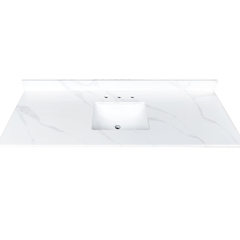 Dessus de meuble-lavabo à quartz 61 po antitaches et résistant à la chaleur pour la salle de bain, lavabo sous-comptoir simple, 4 dosserets, 3 trous de robinet pré-percés, solution de salle de bain luxueuse avec bol haut blanc, excellent remodelage