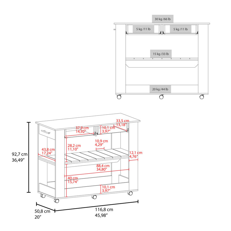 Îlot de cuisine compact avec deux tiroirs, un comptoir ouvert et deux tablettes de rangement ouvertes en dessous