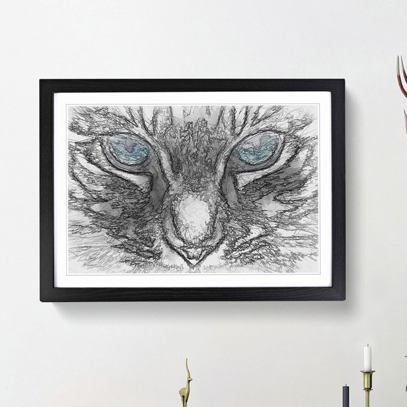 Bright Blue Cat Eyes in Abstract - Picture Frame Painting Print, Black Framed, 36cm H x 48cm W x 2cm D