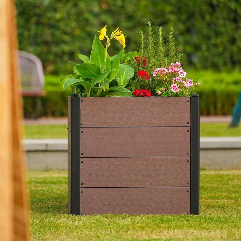19-48" Wood Look Elevated Garden Bed, Composite Planter Box for Vegetables & Herbs, Patio, 23.6" H x 25.2" W x 25.2" D