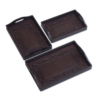 Ensemble de plateaux de service 3 pièces en cuir et bois Ailis Unique