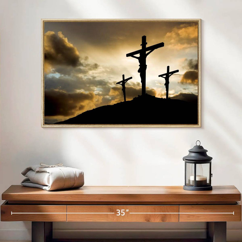 Croix au calvaire, 25 po x 17 po, Cadre flottant en bois naturel