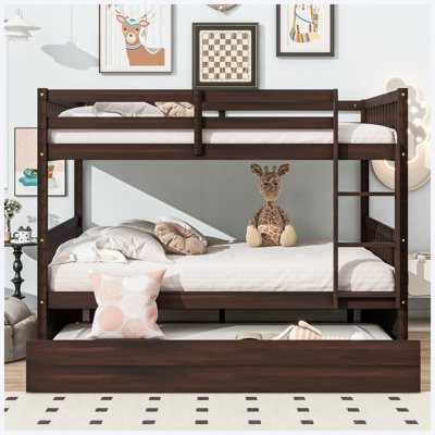 Lit superposé double en bois d'hévéa double avec lit gigogne simple, échelle et garde-corps, convertible en 2 lits doubles, finition espresso