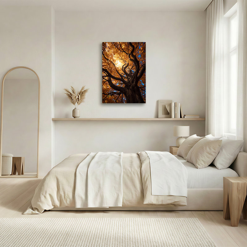 Art mural sur toile, branches d'arbres torsadées avec feuilles dorées et ciel bleu, H 48 po x l 32 po