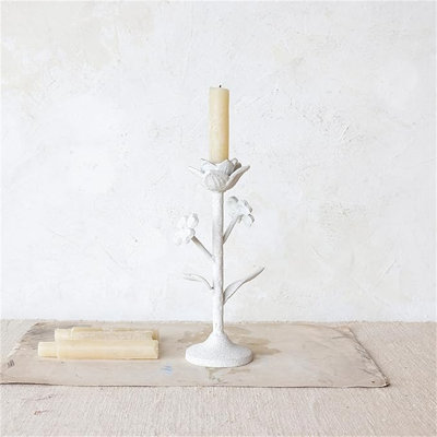 Metal Flower Taper Candle Holder With Flowers, White