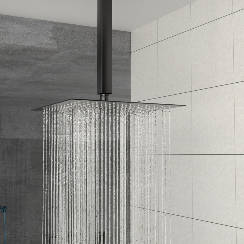 Pomme de douche double - Système de douche carré à fixation au plafond de 10 pouces avec valve brute, Noir mat