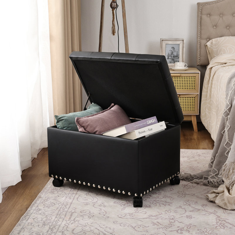  Repose-pieds rectangulaire en similicuir avec roulettes, Noir
