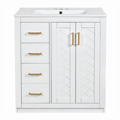 30 inch Bathroom Vanity with Ceramic Sink Combo,Solid Wood Frame Bathroom Storage Cabinet, Freestanding Vanity Set with 3 Drawers& Soft Closing Doors