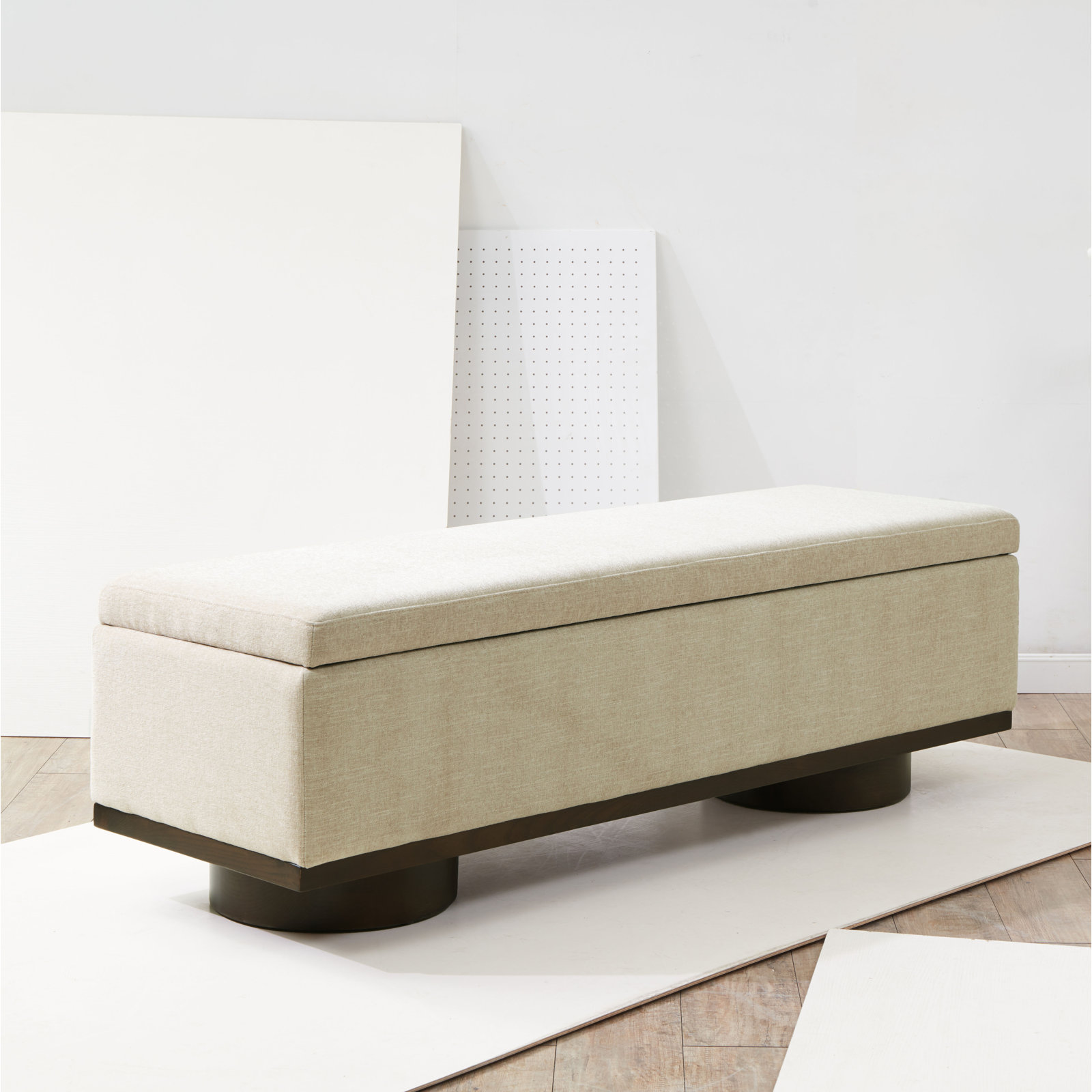 Morje Storage Bench, Beige Linen, Walnut