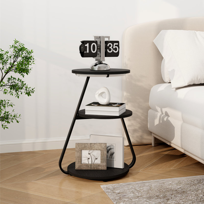 LED Light, Bedside Table End Table With 3 Shelf, 34cm Desktop Side Table, Black
