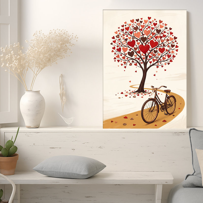 «Red Heart Tree» avec bicyclette rétro, art mural sur toile, 24"H x 16"W